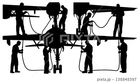 Black Solid Connecting Auxiliary Air Start Hose Worker Silhouettes Set of Six on White Background 138848397