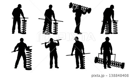 Black Solid Compressing Coil Spring Strut Specialist Silhouettes Set of Six on White Background Black Solid Compressing Coil Spring Strut Specialist Silhouettes Set of Six on White Background 138848408
