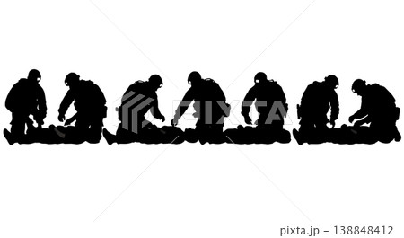 Black Solid Combat Gauze Application Medic Silhouettes Set Of Six On White Background 138848412