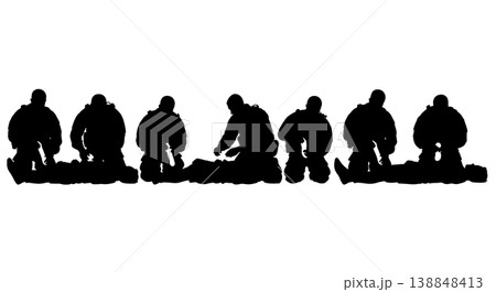 Black Solid Combat Gauze Application Medic Silhouettes Set Of Six On White Background 138848413