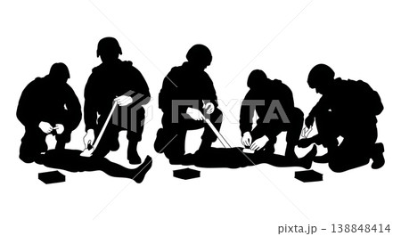 Black Solid Combat Gauze Application Medic Silhouettes Set Of Six On White Background 138848414