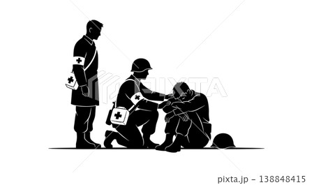 Black Solid Combat Stress Control Medic Silhouettes Set Of Six On White Background Black Solid Combat Stress Control Medic Silhouettes Set Of Six On White Background 138848415