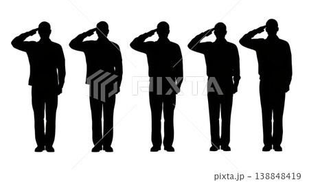 Black Solid Commanding Officer Saluting Silhouettes Set of Six on White Background 138848419