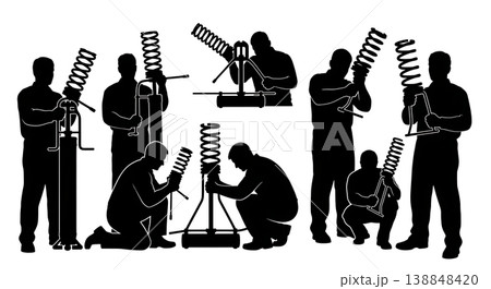 Black Solid Coil Spring Compressor Tool Silhouettes Set of Six on White Background Black Solid Coil Spring Compressor Tool Silhouettes Set of Six on White Background 138848420