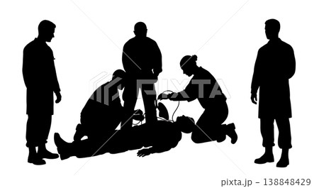Black Solid Doctor Collapsed Lung Chest Tube Silhouettes Set Of Six On White Background Black Solid Doctor Collapsed Lung Chest Tube Silhouettes Set Of Six On White Background 138848429