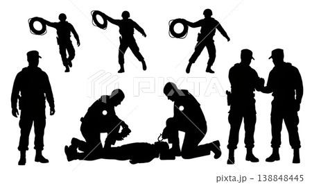 Black Solid Coast Guard Medic Hypothermia Silhouettes Set Of Six On White Background Black Solid Coast Guard Medic Hypothermia Silhouettes Set Of Six On White Background 138848445