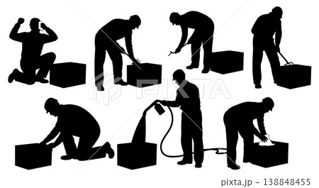 Black Solid Clogged Shower Sump Box Cleaning Silhouettes Set of Six on White Background Black Solid Clogged Shower Sump Box Cleaning Silhouettes Set of Six on White Background 138848455