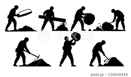 Black Solid Clearing Heavy Debris Path Engineer Silhouettes Set of Six on White Background Black Solid Clearing Heavy Debris Path Engineer Silhouettes Set of Six on White Background 138848458