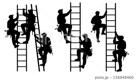 Black Solid Climbing Ladder Toolbelt Troop Silhouettes Set of Six on White Background Black Solid Climbing Ladder Toolbelt Troop Silhouettes Set of Six on White Background 138848460