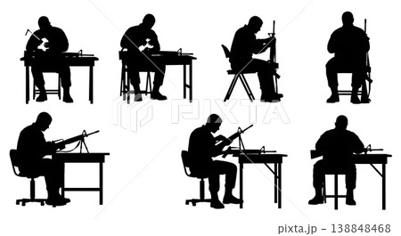 Black Solid Cleaning Service Rifle Soldier Silhouettes Set of Six on White Background 138848468