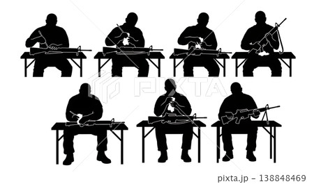 Black Solid Cleaning Service Rifle Soldier Silhouettes Set of Six on White Background Black Solid Cleaning Service Rifle Soldier Silhouettes Set of Six on White Background 138848469