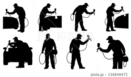 Black Solid Clear Coat Finish Application Silhouettes Set of Six on White Background 138848471