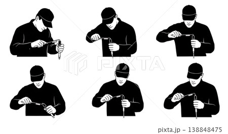 Black Solid Cleaning Carbon Spark Plug Technician Silhouettes Set of Six on White Background Black Solid Cleaning Carbon Spark Plug Technician Silhouettes Set of Six on White Background 138848475