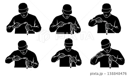 Black Solid Cleaning Carbon Spark Plug Technician Silhouettes Set of Six on White Background 138848476