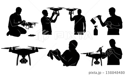 Black Solid Cleaning Quadcopter Lens Prep Silhouettes Set of Six on White Background 138848480