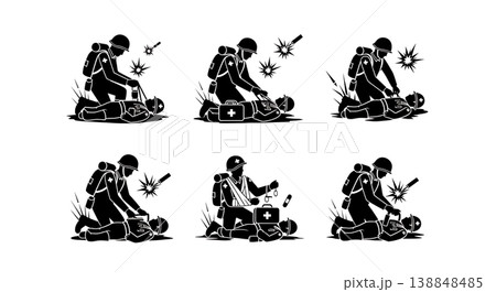 Black Solid Classic Infantry First Aid Silhouettes Set Of Six On White Background Black Solid Classic Infantry First Aid Silhouettes Set Of Six On White Background 138848485