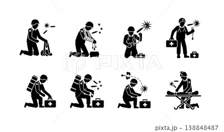 Black Solid Classic Infantry First Aid Silhouettes Set Of Six On White Background Black Solid Classic Infantry First Aid Silhouettes Set Of Six On White Background 138848487