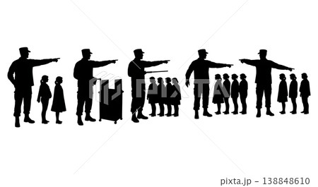 Black Solid Civilian Aid Queue Management Silhouettes Set of Six on White Background 138848610