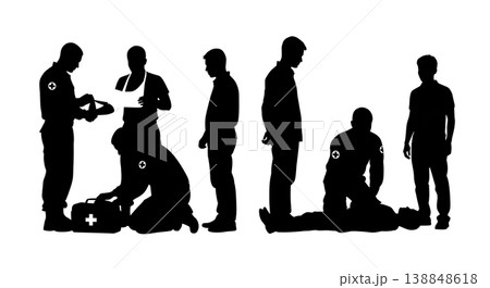 Black Solid Medic Civilian First Aid Teaching Silhouettes Set Of Six On White Background Black Solid Medic Civilian First Aid Teaching Silhouettes Set Of Six On White Background 138848618
