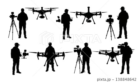 Black Solid Cinematic Dual Drone Operator Silhouettes Set of Six on White Background Black Solid Cinematic Dual Drone Operator Silhouettes Set of Six on White Background 138848642