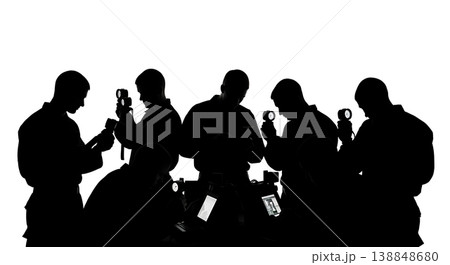 Black Solid Chemical Detector Calibration Technicians Silhouettes Set of Six on White Background 138848680