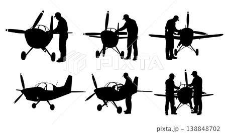 Black Solid Checking Small Propeller Blade Technician Silhouettes Set of Six on White Background 138848702