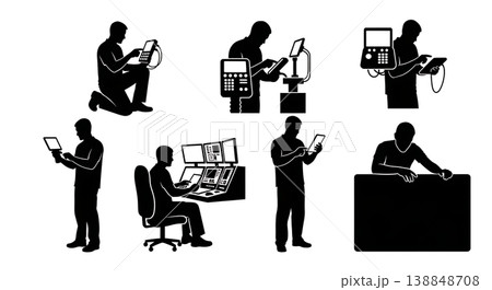 Black Solid Smart Controller Drone Operator Silhouettes Set of Six on White Background Black Solid Smart Controller Drone Operator Silhouettes Set of Six on White Background 138848708