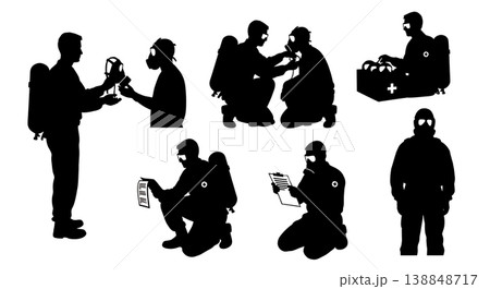 Black Solid Chemical Attack Gas Mask Medic Silhouettes Set Of Six On White Background 138848717