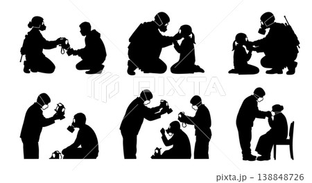 Black Solid Chemical Attack Gas Mask Medic Silhouettes Set Of Six On White Background 138848726