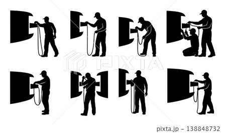 Black Solid Checking Pitot Tube Blockage Crew Silhouettes Set of Six on White Background Black Solid Checking Pitot Tube Blockage Crew Silhouettes Set of Six on White Background 138848732
