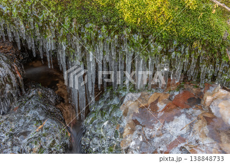 Ice stalactites form on rocks in stream during winter Ice stalactites form on rocks in stream during winter 138848733