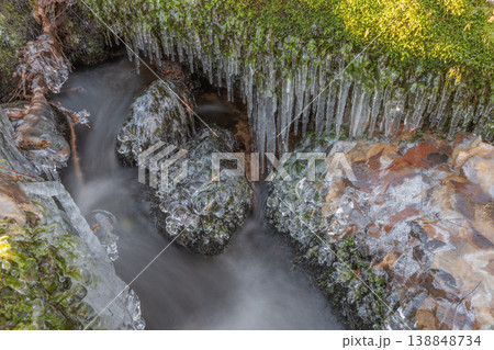 Ice stalactites form on rocks in stream during winter Ice stalactites form on rocks in stream during winter 138848734