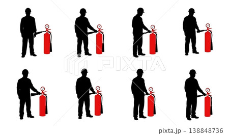 Black Solid Checking Pressure Fire Extinguisher Inspector Silhouettes Set of Six on White Background 138848736