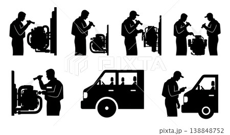 Black Solid Checking Engine Flashlight Mechanic Silhouettes Set of Six on White Background 138848752