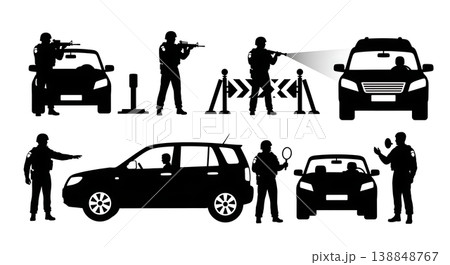 Black Solid Checking Civilian Vehicle Roadblock Police Silhouettes Set of Six on White Background 138848767