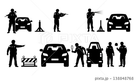 Black Solid Checking Civilian Vehicle Roadblock Police Silhouettes Set of Six on White Background Black Solid Checking Civilian Vehicle Roadblock Police Silhouettes Set of Six on White Background 138848768