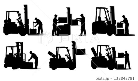 Black Solid Changing Forklift Industrial Battery Mechanic Silhouettes Set of Six on White Background 138848781