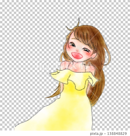 水彩風格的插畫,描繪了一個穿著黃色洋裝、笑容燦爛的女孩。 水彩風格的插畫,描繪了一個穿著黃色洋裝、笑容燦爛的女孩。 138848829