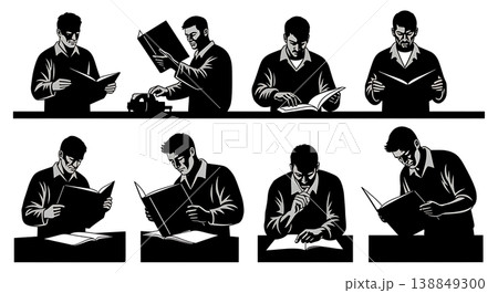Black Solid Heavy Repair Manual Reading Silhouettes Set of Six on White Background 138849300