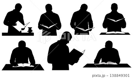Black Solid Heavy Repair Manual Reading Silhouettes Set of Six on White Background 138849301