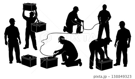 Black Solid Heavy Marine Battery Bank Installation Silhouettes Set of Six on White Background Black Solid Heavy Marine Battery Bank Installation Silhouettes Set of Six on White Background 138849323