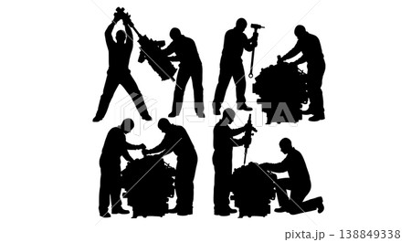 Black Solid Heavy Diesel Injector Swapping Silhouettes Set of Six on White Background 138849338