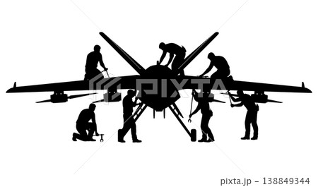 Black Solid Heavy Combat Drone Wing Repair Technicians Silhouettes Set of Six on White Background 138849344