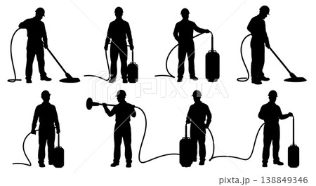 Black Solid Heat Exchanger Flushing Mechanic Silhouettes Set of Six on White Background Black Solid Heat Exchanger Flushing Mechanic Silhouettes Set of Six on White Background 138849346
