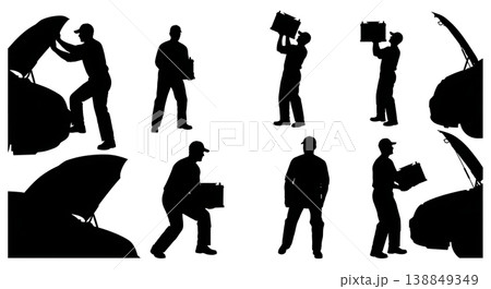 Black Solid Heavy Car Battery Lifting Silhouettes Set of Six on White Background 138849349