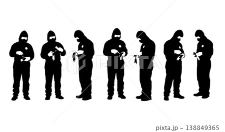 Black Solid Hazmat Suit Patching Technicians Silhouettes Set of Six on White Background Black Solid Hazmat Suit Patching Technicians Silhouettes Set of Six on White Background 138849365