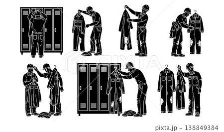 Black Solid Hanging Dirty Coverall Locker Hook Worker Silhouettes Set of Six on White Background Black Solid Hanging Dirty Coverall Locker Hook Worker Silhouettes Set of Six on White Background 138849384