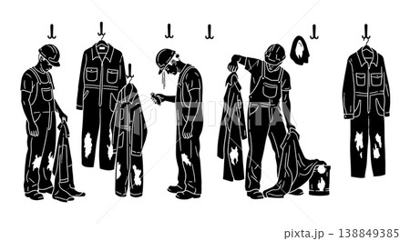 Black Solid Hanging Dirty Coverall Locker Hook Worker Silhouettes Set of Six on White Background 138849385