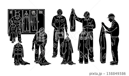 Black Solid Hanging Dirty Coverall Locker Hook Worker Silhouettes Set of Six on White Background 138849386