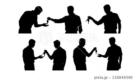 Black Solid Handing Car Key Customer Advisor Silhouettes Set of Six on White Background Black Solid Handing Car Key Customer Advisor Silhouettes Set of Six on White Background 138849390